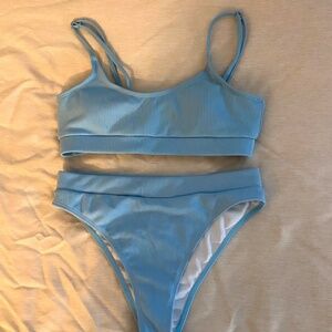 Blue, rib high waisted bikini set